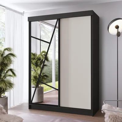 Produktbild von FurMeb24 Schiebetürenschrank LOE 167x205x59 cm Kleiderschrank mit Spiegel, 2-türiger Schiebeschrank (SCHWARZ/KASCHMIR)