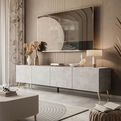 Produktbild von RTV-Schrank COLGANTE BETON 200 cm auf Beinen - schräge gold Chrom Beine