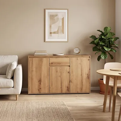 Produktbild von Wohnzimmer Sideboard 137 cm breit in Eiche mit 3 Türen & 1 Schublade - ZOLLINO-129