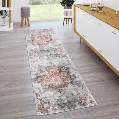 Produktbild von Teppich Wohnzimmer Kurzflor Vintage Moderne Orient Optik Abstrakt Grau Gelb Blau Grösse 60x100 cm