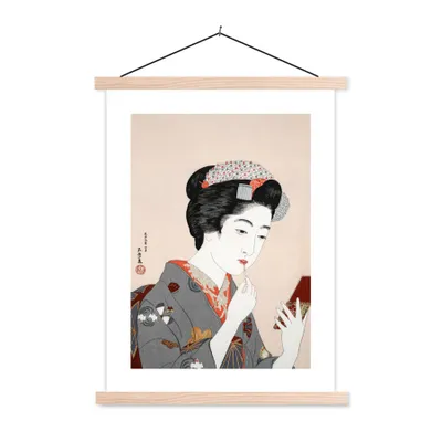 Produktbild von MuchoWow® Textilposter Vintage - Frau - Schminken - Japan 60x80 cm mit holzfarbenen Rahmen - Wandbild