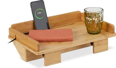 Produktbild von Relaxdays Bettablage, Mini-Nachtisch zum Klemmen, HBT: 11 x 38 x 26 cm, mit Kabelschlitz und Tablethalter, Bambus, natur