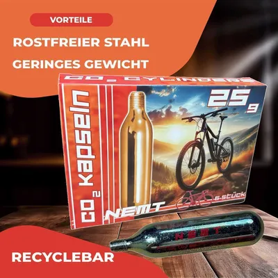 Produktbild von 18 NEMT 25g CO2 Kartuschen MIT Gewinde für alle CO2 Fahrradreifenpumpen mit Gewinde für Rennräder und Mountainbikes