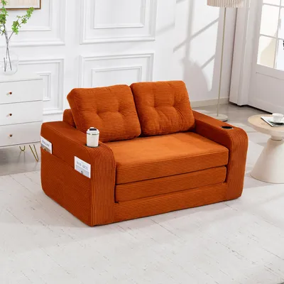 Obrázek produktu pro okwish Dvoumístná pohovka, modulární pohovka s držáky na nápoje a bočními kapsami, relaxační pohovka, pohovka do obývacího pokoje s prošívanými polštáři a opěradlem, oranžová