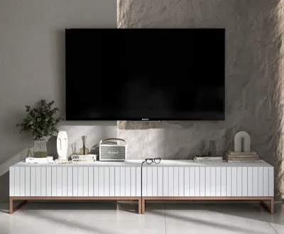 Produktbild von Universal TV-Schrank 2 x ELPIS TV Glamour Style Kupferfarbig Metall Fußgestell Modern Lindner Möbel 220 cm x 39 cm x 54 cm Farbe: Weiß matt - Italienische Tiefmattfolie