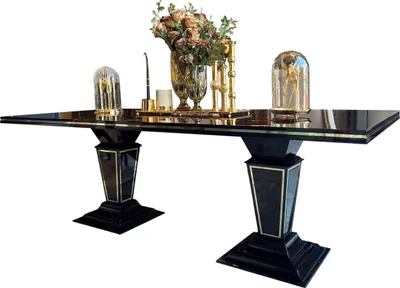 Produktbild von Casa Padrino Luxus Art Deco Esstisch Dunkelbraun / Schwarz / Gold 220 x 110 x H. 76 cm - Edler Esszimmertisch mit Glasplatte - Art Deco Esszimmer Möbel