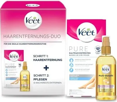 Produktbild von Veet Set mit Veet Kaltwachsstreifen, Geeignet für sensible Haut, Anwendung für Beine & Körper, 20 Stück (1er Pack) & Veet, Multi Benefit Öl für seidigweiche Haut, 24h feuchtigkeitsspendend, 100ml (1er Pack)