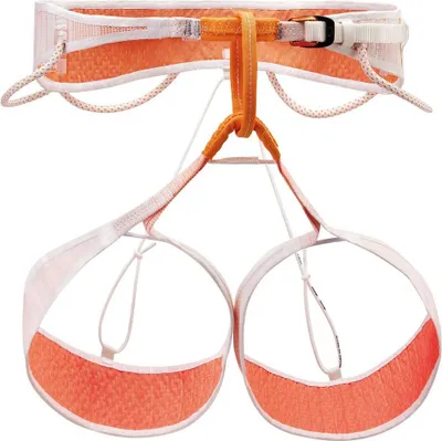 Leichter technischer Klettergurt Whisper von Petzl in Weiß und Orange mit verstellbarem Hüftgurt und Beinschlaufen