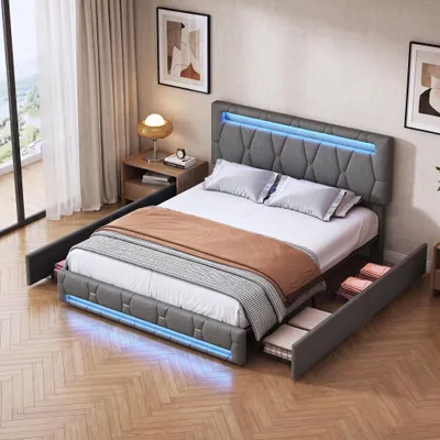 Produktbild von INONEFT Polsterbett 160x200cm mit 4 Schubladen, höhenverstellbarem Kopfteil, Doppelbett mit LED und Lattenrost, Funktionsbett Stauraumbett aus Leinen
