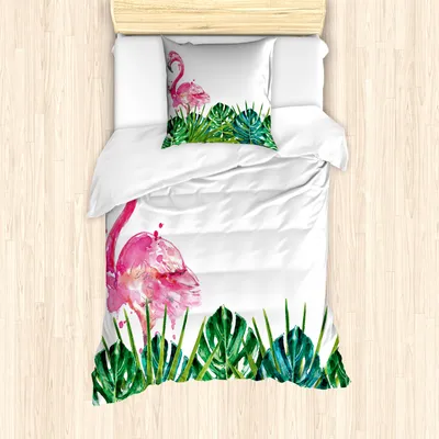 Produktbild von ABAKUHAUS Tropisch Mantele, Exotische Natur Flamingo, Milbensicher Allergiker geeignet mit Kissenbezügen, 135 cm x 200 cm - 80 x 80 cm, Grün, Rosa, Blau