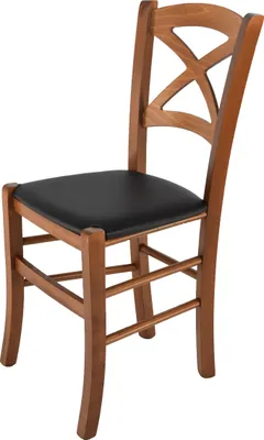Produktbild von t m c s Tommychairs - Stuhl CROSS für Küche und Esszimmer, robuste Struktur aus lackiertem Buchenholz im Farbton Helles Nussbraun und gepolsterte Sitzfläche mit KUNSTLEDER in der Farbe Schwarz bezogen