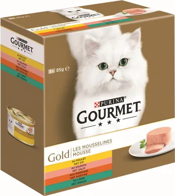 Image de Mousse dorée au poulet, au saumon, aux rognons, au lapin 8x85g Nourriture pour chat Gourmet