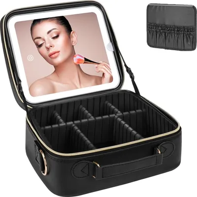 Produktbild von Make up Tasche(Schwarz)Kosmetiktasche mit LED Spiegel(3 Farben)wasserdichte Schminktasche,Großer Pinselstauraum,USB-C Aufladung,Reisebox für Damen