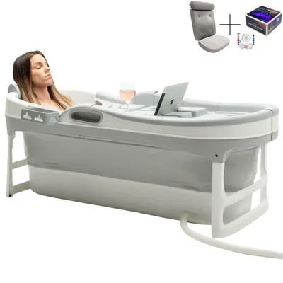 Zdjęcie produktu dla HelloBath® Wanna składana - Szara - 148 cm - Wanna mobilna - Wanna składana - Wiadro do wanny - Dorośli i dzieci - W zestawie poduszka i lampka do kąpieli