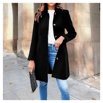 Produktbild von Damen Wintermantel Lang Trenchcoat Einreihiger Wollmantel mit Knöpfen Windjacke Einfarbig Tweed Parka Warm Übergangsjacke