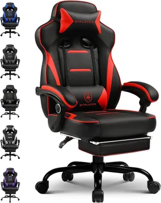 Image de Fauteuil de jeu avec repose-pieds, chaise de bureau ergonomique supportant jusqu'à 180 kg, fauteuil de jeu robuste avec support lombaire et repose-tête, chaise de bureau réglable en hauteur, rembourrée, inclinable à 155°, rouge