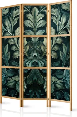 Produktbild von 3-teiliger Einseitiger Vlies Japanischer Paravent - Dark Green Victorian Leaves - Botanical Carved Composition 135x172 cm Blumen f-H-10013-bh-a