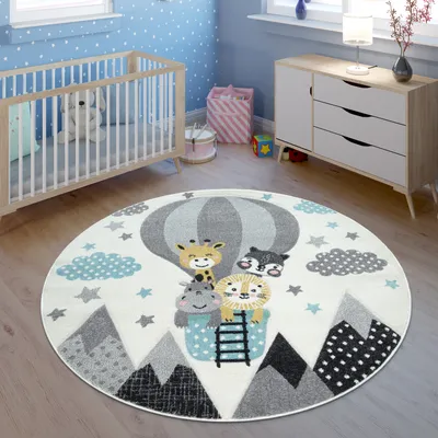 Produktbild von TT Home Kinderteppich 3D Optik Konturenschnitt Dschungeltiere Luftballon Motiv In Creme Größe 160 cm Rund