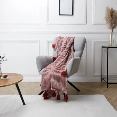 Image de Plaid - HOME DECO FACTORY - Gaufre à Pompons - Rouge et Blanc