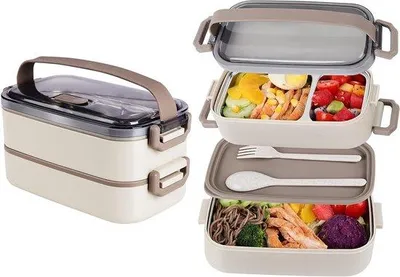 Image de Boîte à lunch en acier inoxydable, empilable, fermeture sur 4 côtés, étanche, 2100 ml, beige