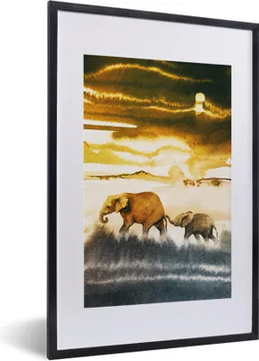 Produktbild von MuchoWow® MuchoWow® Gerahmtes Poster Elefant - Schwanz - Gelb - Blau 40x60 cm - Poster mit zchwarzem Bilderrahmen - Poster in Rahmen