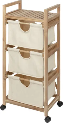 A wooden laundry cart with three fabric bins on a white background.