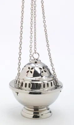 Produktbild von Weihrauchfass mit Kette zum Hängen aus Messing vernickelt Silber Höhe 14 cm mit Innenschale aus Stahl für die Räucherkohle