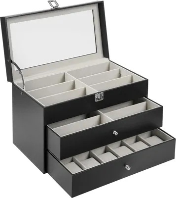 Produktbild von Sonnenbrillen Organizer - Brillen Aufbewahrungsbox - Mehrere Fächer, Schublade, Glasdeckel, für Sonnenbrillen und Brillen - Schwarz