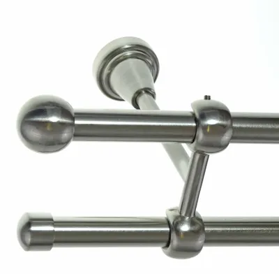 Produktbild von Gardinenstange Set Edelstahl Look Metall Ø 16mm zur Deckenbefestigung 2-lauf Kugel, Länge wählbar D24 E22 E17