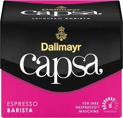 A product package for Dallmayr Capsa Espresso Barista coffee capsules.