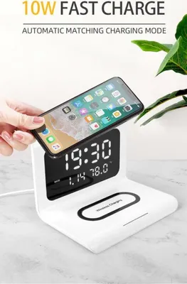 Obrázek produktu pro 2v1 bezdrátová nabíječka + hodiny s budíkem - bílá