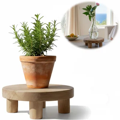 Produktbild von LS-LebenStil Pflanzenhocker Teak Holz 20x7cm Rund Mini Tisch Deko Tablett Blumenständer Tischchen Deko Hocker kleiner Holzhocker