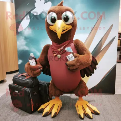 Immagine prodotto di Personaggio in costume della mascotte REDBROKOLY di Brown Hawk vestito con pantaloni da yoga e valigette