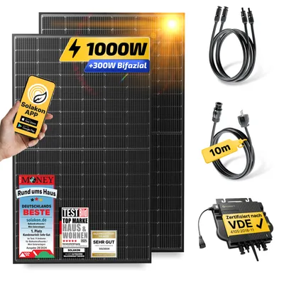 Produktbild von Balkonkraftwerk 1000W/800W Solaranlage Steckerfertig Komplettset Photovoltaik Anlage 800W, Kabellänge: 10m, Solakon - onBasic