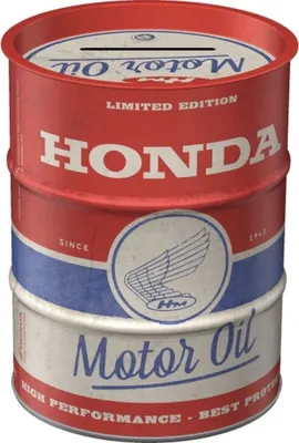A Honda Motor Oil themed coin bank shaped like an oil barrel.
