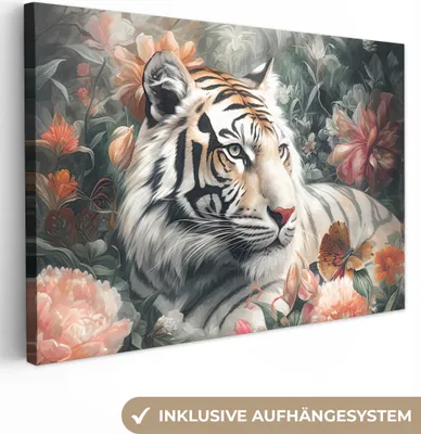 Produktbild von MuchoWow® - Leinwandbilder - Tiger - Wildtiere - Blumen - Dschungel, Wandbild, Wanddeko Bilder Wohnzimmer, 90x60 cm