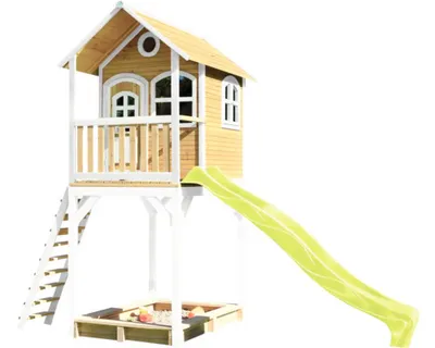 Produktbild von AXI Spielhaus Romy mit Sandkasten & hellgrüner Rutsche | Stelzenhaus in Braun & Weiß aus Holz für Kinder | Spielturm für den Garten