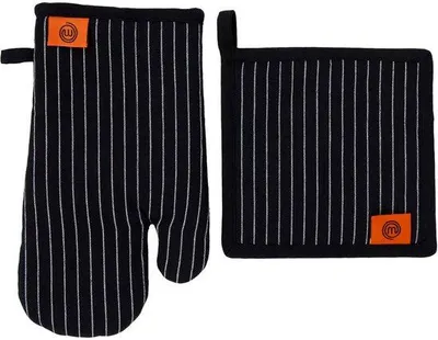 Produktbild von Unyqoos® Ofenhandschuh & Topflappen Set – 1 Ofenhandschuh + 1 Topflappen, hitzebeständig bis 250 °C, schwarz mit weißen Streifen
