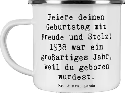Produktbild von Mr. & Mrs. Panda becher emaille Spruch 1938 Geburtstag - Weiß - Geschenk, Teebecher, Jahrgang, Happy Birthday, Freude, Tasse, Campingbecher, Haferl, Pott, Teetasse, Stolz