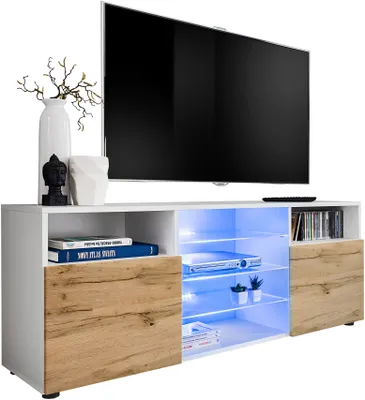 Obrázek produktu pro Extreme Furniture T38 TV Skříňka | Skříňka Do Obývacího Pokoje Se 3 Skleněnými Policemi A 2 Dvířky Bílý Korpus A Fronty Wotan