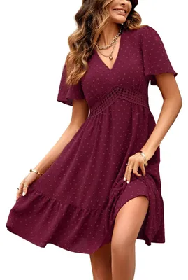 Imagen del producto de Solidchoice - Vestido de verano con cuello en V, mangas cortas y cintura alta, estampado de lunares en rojo
