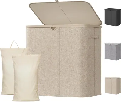 Produktbild von 145L Wäschekorb mit Deckel und 2 Innenbeuteln, Beige