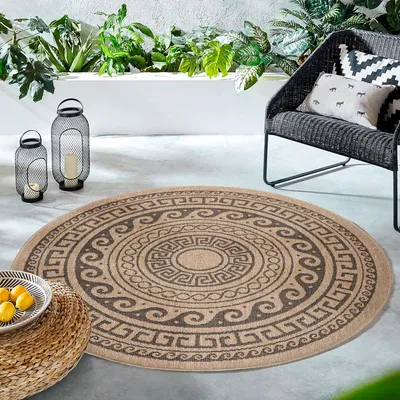Produktbild von Homebyhome Runder Outdoor Teppich Wetterfest Küchen Teppich Wasserfest Flachgewebe Sisal Optik Vintage für Balkon Terrasse Wohnzimmer 120 cm Rund
