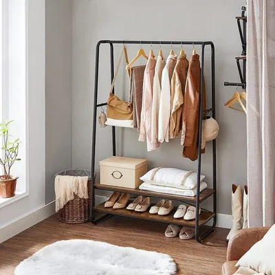 Produktbild von Unyqoos® Kleiderständer Garderobe mit 2 Ablagen & 6 S‑Haken, Stahlrahmen, Spanplatte, für Schlafzimmer & Flur, Industrial Vintage Braun‑Schwarz, 144 kg Tragkraft