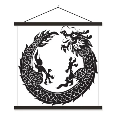 Produktbild von MuchoWow® Textilposter Schwarz-weiß Illustration eines chinesischen Drachens 90x90 cm mit schwarzem Rahmen - Magnetisches