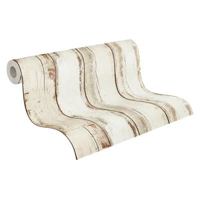 A roll of wallpaper with a wood plank pattern.