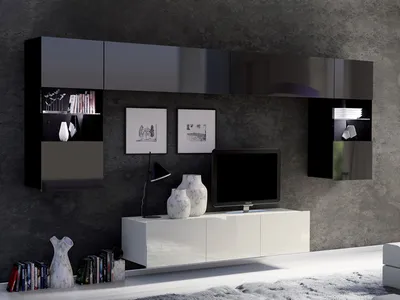 Produktbild von Wohnwand CALABRINI-2 Wohnzimmer-Set Hängewohnwand Schrankwand mit LED-Beleuchtung TV-Schrank Vitrine Moderne Anbauwand Hochglanz (Schwarz / Weiß)