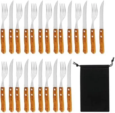 Produktbild von 24 teilig Steakbesteck, Besteck Set für 12 Personen, Steakmesser set, Messer und Gabel Set, Steakmesser und Steakgabeln, Stahl Holz Steakbesteck, Besteck für Steak (Retro-Braun)