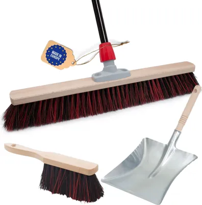 Produktbild von Novaliv Straßenbesen mit Stiel 60 cm Arenga-Elaston Borsten inkl. Kehrgarnitur schwarz bestehend aus Kehrblech und Handfeger Ideal als Gartenbesen Terassenbesen Stallbesen Kehrbesen Outdoor broom