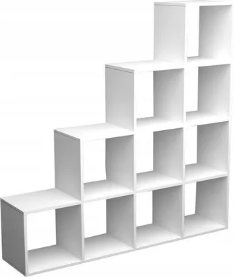 A white cube shelving unit arranged in a stair-like pattern against a white background.